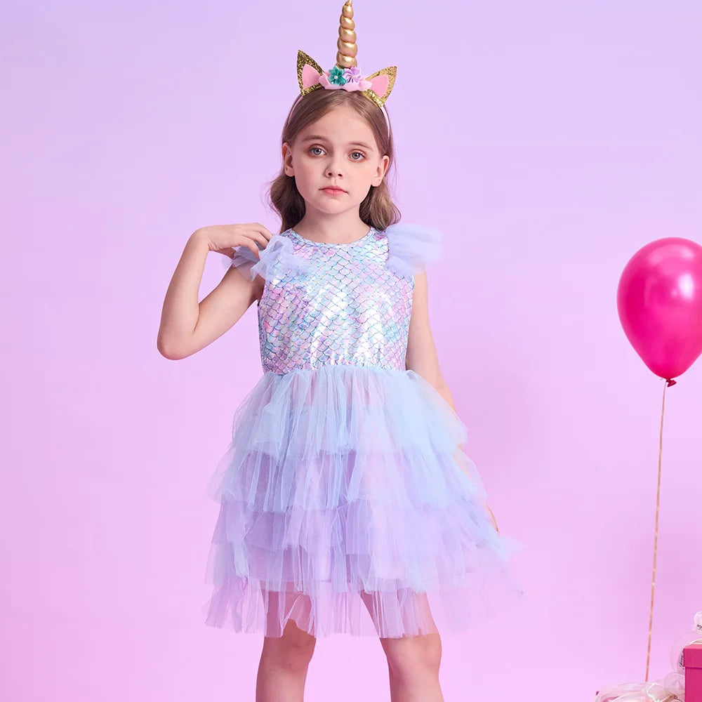VIKITA Girls Flare Sleeve Summer Dress Kids Mermaid Print Birthday Party Travel Beach Princess Dresses Girls Mesh Tulle Dress