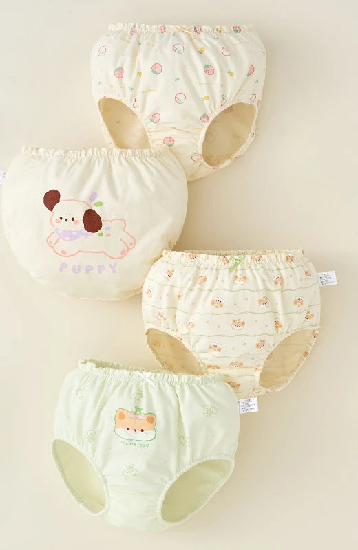 4PCS Cotton Soft Antibacterial Briefs for Girls Breathable Comfort Panties 3+y Young Children Clothing Kids Cute Print Underwear