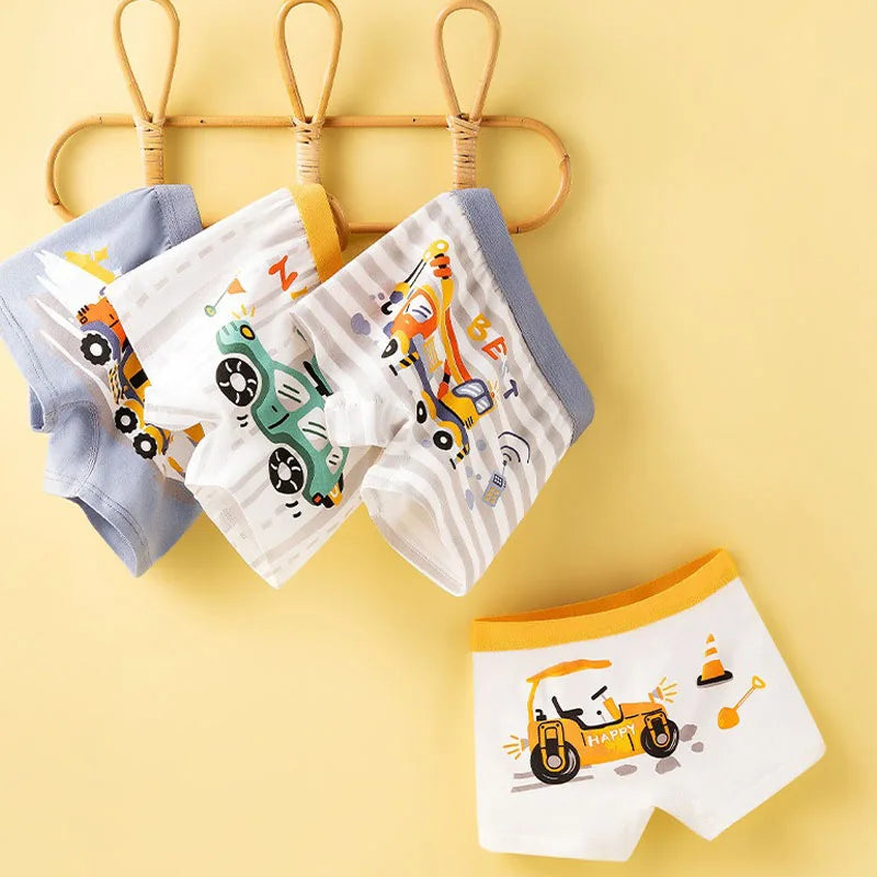 4/8Pcs High Quality Cotton Boy Boxer Brief Cool Excavator Pattern Kids Boxers Breathable Children Underwear Soft Bottom Panty