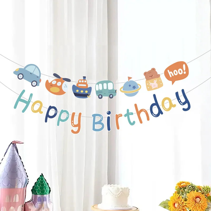 Happy Birthday Banner Little Bear Car Sign Reusable Decorations with Colorful Flag, Lovely Cartoon Birthday Party Decor for Kid
