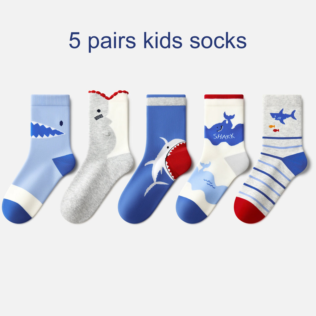 Beibi 5-Pair Pack Girls' Mid-Calf Socks Big Mouth Shark Design All-Season Use Suitable for Children 4 Years and Up
