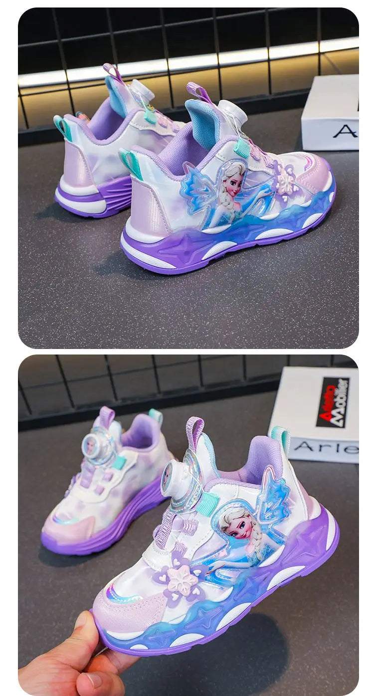 Disney LED Casual Sneakers Spring Girls Frozen Elsa Princess PU Leather Shoes Children Lighted Non-slip Pink Size 23-35