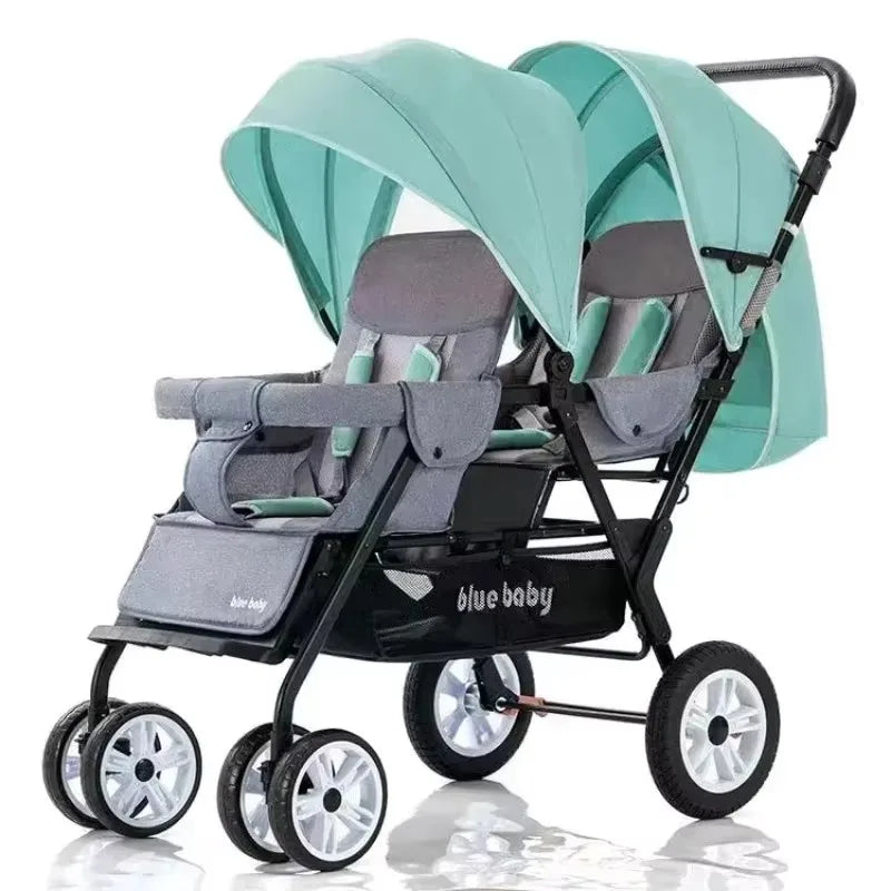 Large Double Stroller Sit Lying Foldable Portable Front & Rear Seat with Adjustable Backrest Canopy Double Brake Storage Basket