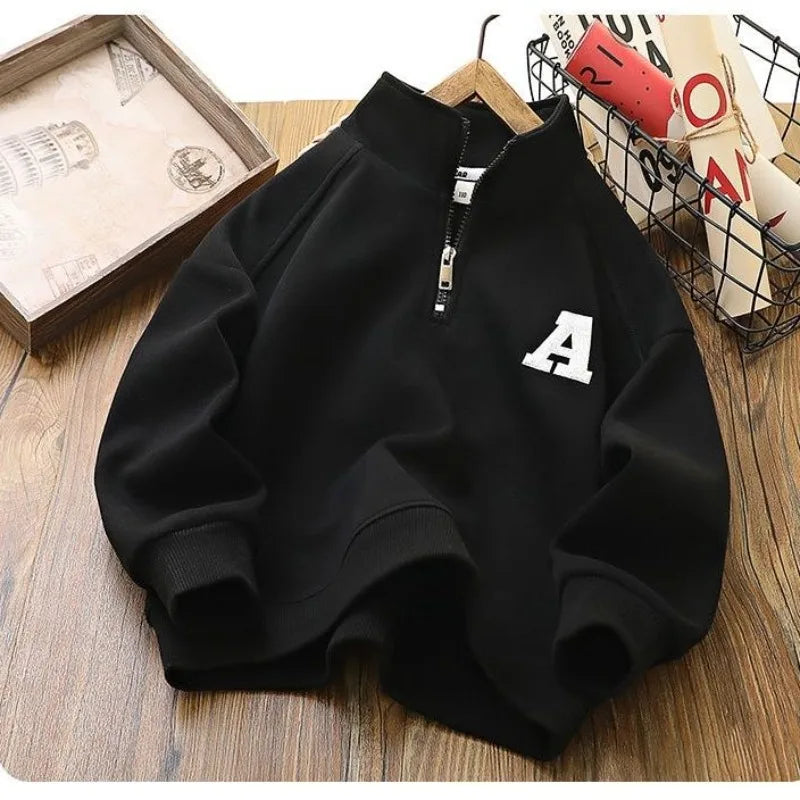 Boys & Girls 2025 New Arrival Mid-Big Size Spring/Autumn Stylish Stand Collar Semi-Zip Base Layer Sweatshirt