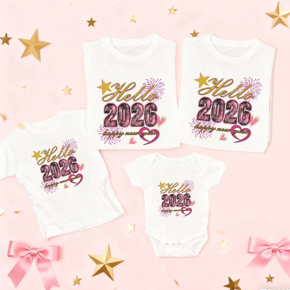 Hello 2026 Happy New Year Family Look Dad Mom Kids Shirt Baby Bodysuit Family T-shirt New Year Holiday Party Family Clothes