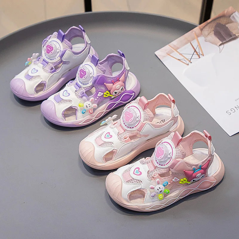 Sandals Girls Cartoon PU Leather Summer Fashion Outdoor Flat Bottom Breathable Anti-slip Pink Purple Size 26-37