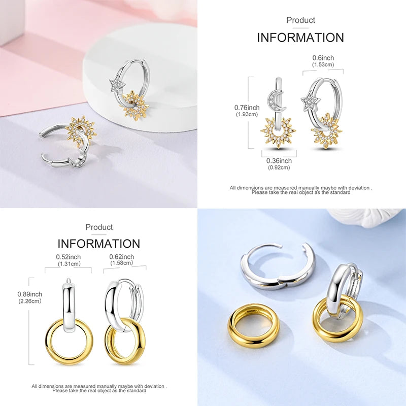 925 Sterling Silver Plated Gold Drop Earrings Star Sun Moon Earrings Removable Circle Heart Earrings For Women Hoop Earrings