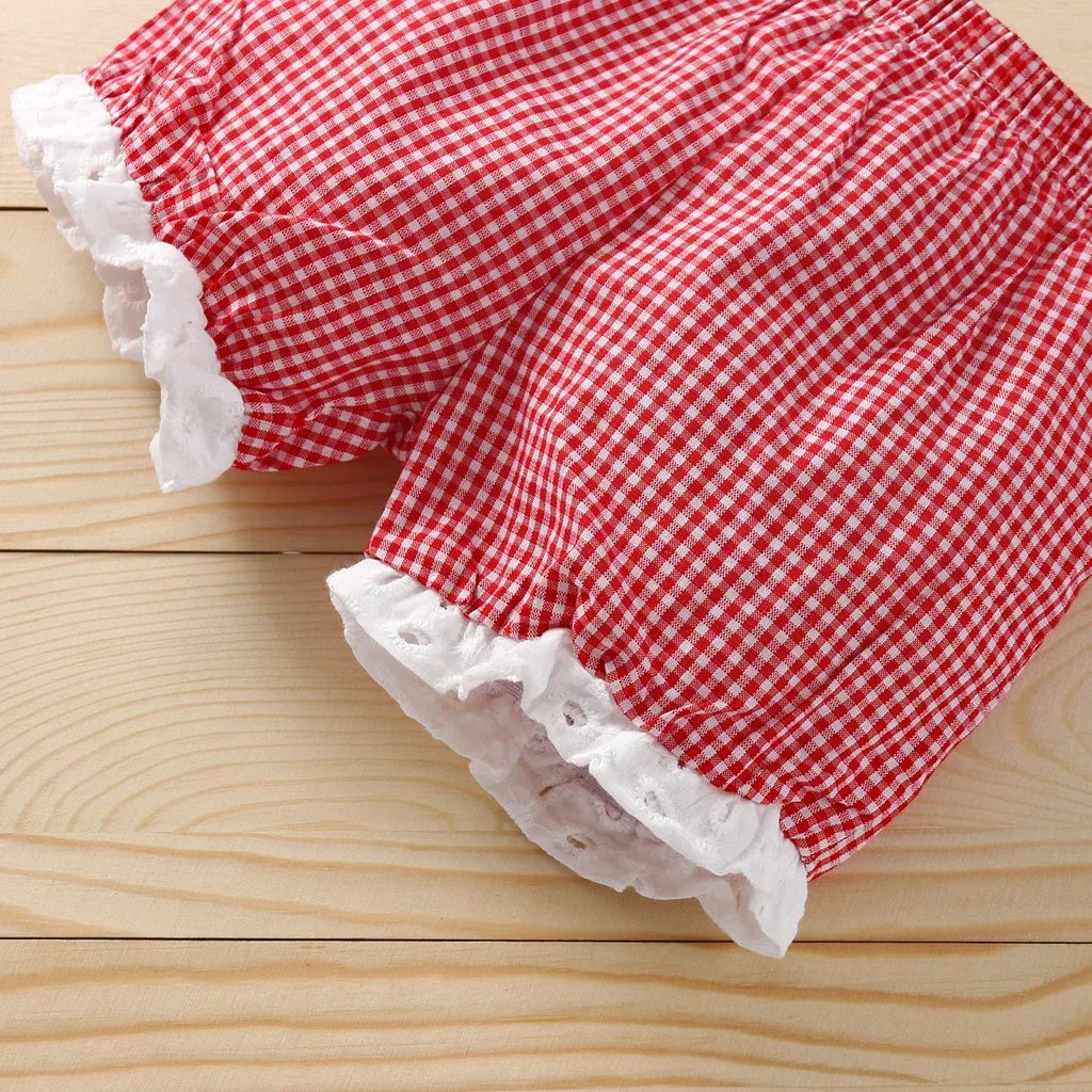 Summer 2/piece Set for Girls Top and Pants Baby Girl Lace Sleeveless Top Plaid Shorts Children's Clothing Set