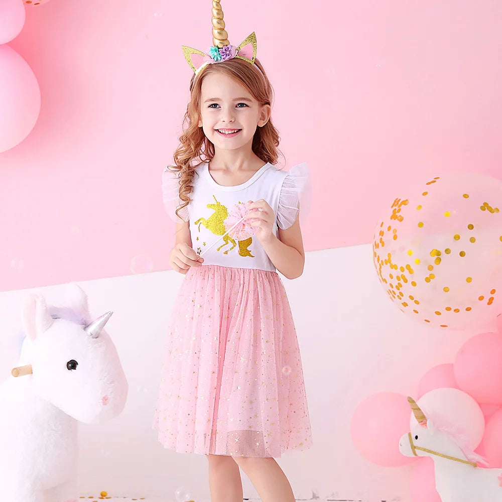 VIKITA Girls Licorne Print Dress Girls Flare Sleeve Summer Dresses Kids Birthday Party Patchwork Princess Elegant Cute Dresses