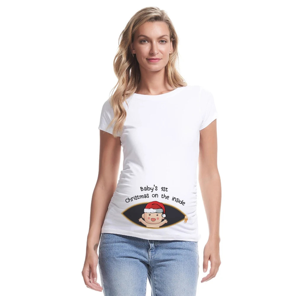 Baby 's First Christmas on The Inside Pregnancy T Shirt Maternity Shirts Xmas Pregnancy Announcement Shirt New Mom White Clothes
