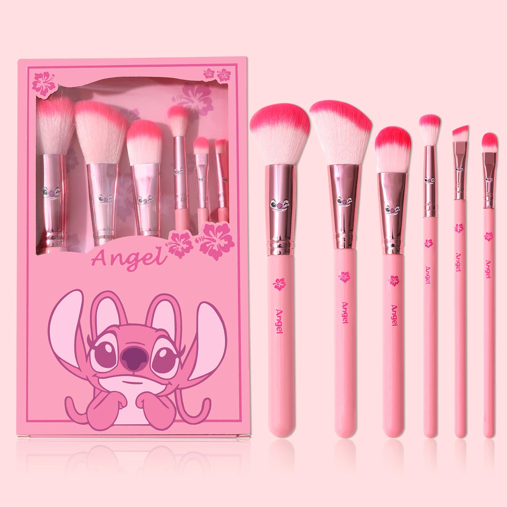 6pcs pink cartoon cute Stitch makeup brush set, wooden makeup brush eye shadow brush, gift box packaging, the perfect choice for