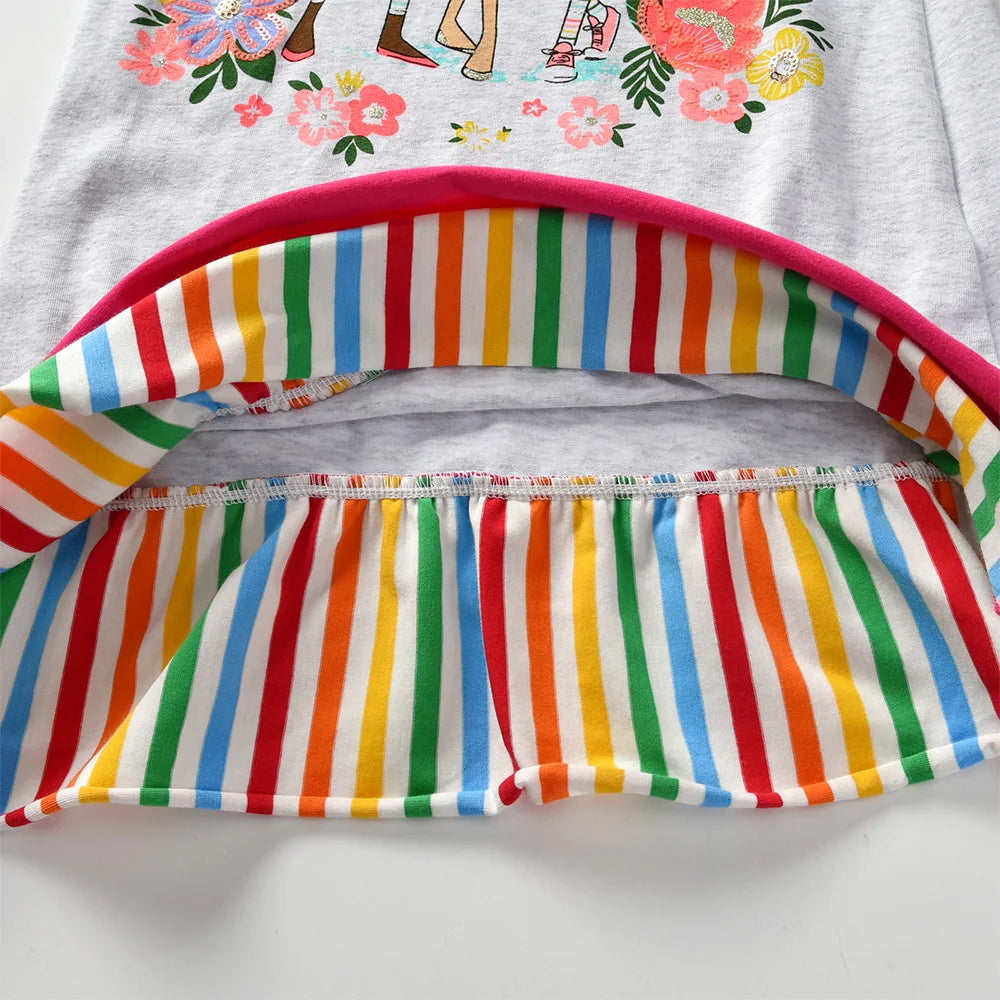 VIKITA Children Cotton Casual Costumes Toddlers Autumn Spring Mini Dress Kids Floral Doll Print Rainbow Princess Daily Wear