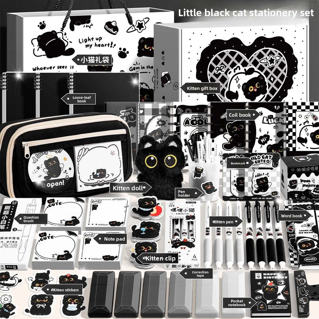 Black Kitten Stationery Set - Cute Cat School Supplies for Students, Aesthetic Pen & Pouch Back-to-School Kit