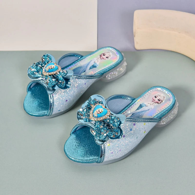 Disney Kids Princess Shoes Frozen Elsa Bowknot Low Heel Slippers Casual Baby Girls Party Wedding Leather Blue Shoes Size 27-36