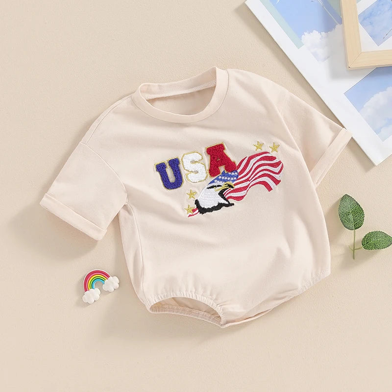 Independence Day Baby Romper with American Flag Print Round Neck Short Sleeve Bodysuit Toddler Patriotic Outfit for 4th of July