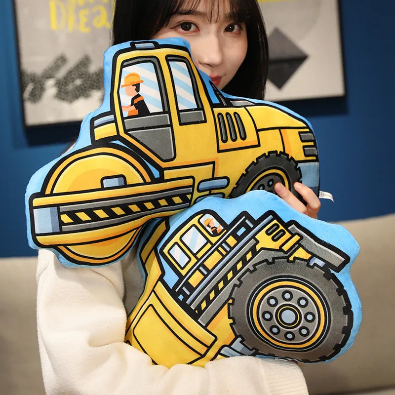 Stuffed Transporter Plush Pillow Soft Printing Multi-functional Bulldozer Forklift Crane Excavator Road Roller Tramcar Men Gift