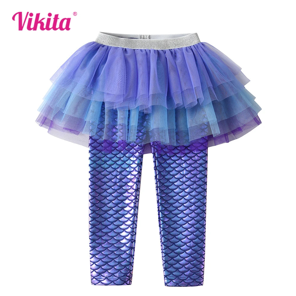 VIKITA Girls Mermaid Print Leggings with Skirts Fake 2 Pcs Children Trousers Skirt Casual Outer Trousers Mesh Tutu Skirts Pants