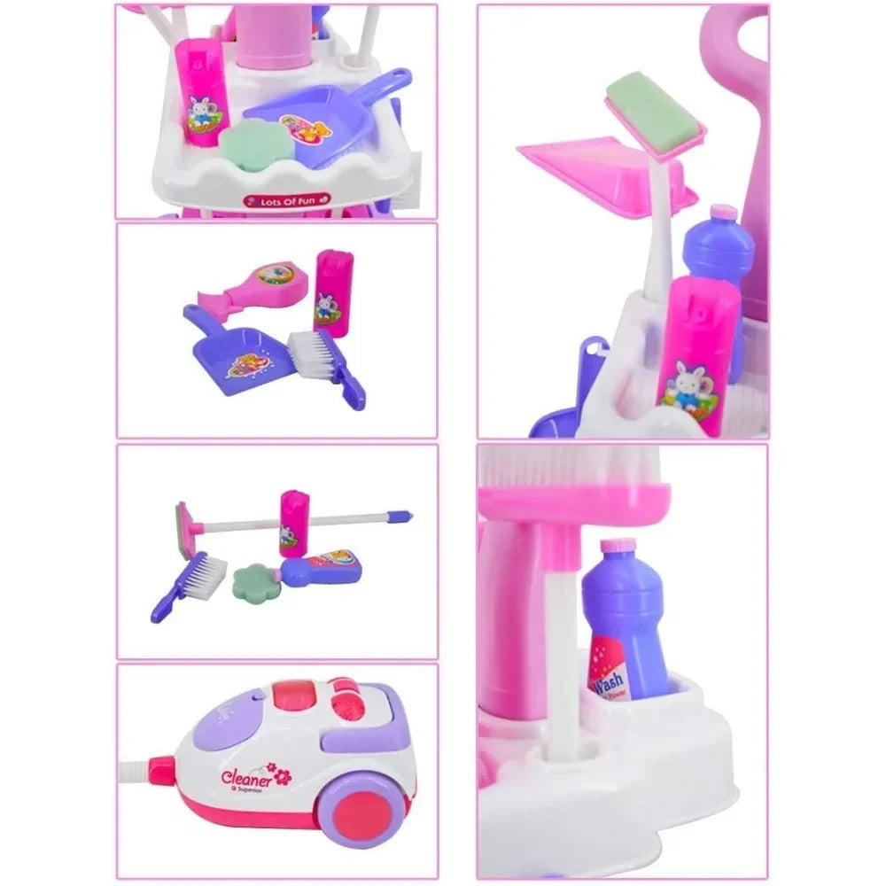 Housekeeping Cleaning Trolley Playset Caddy Includes Accessories and Toy Vacuum with Sounds and Lights Pretend Play for Girls