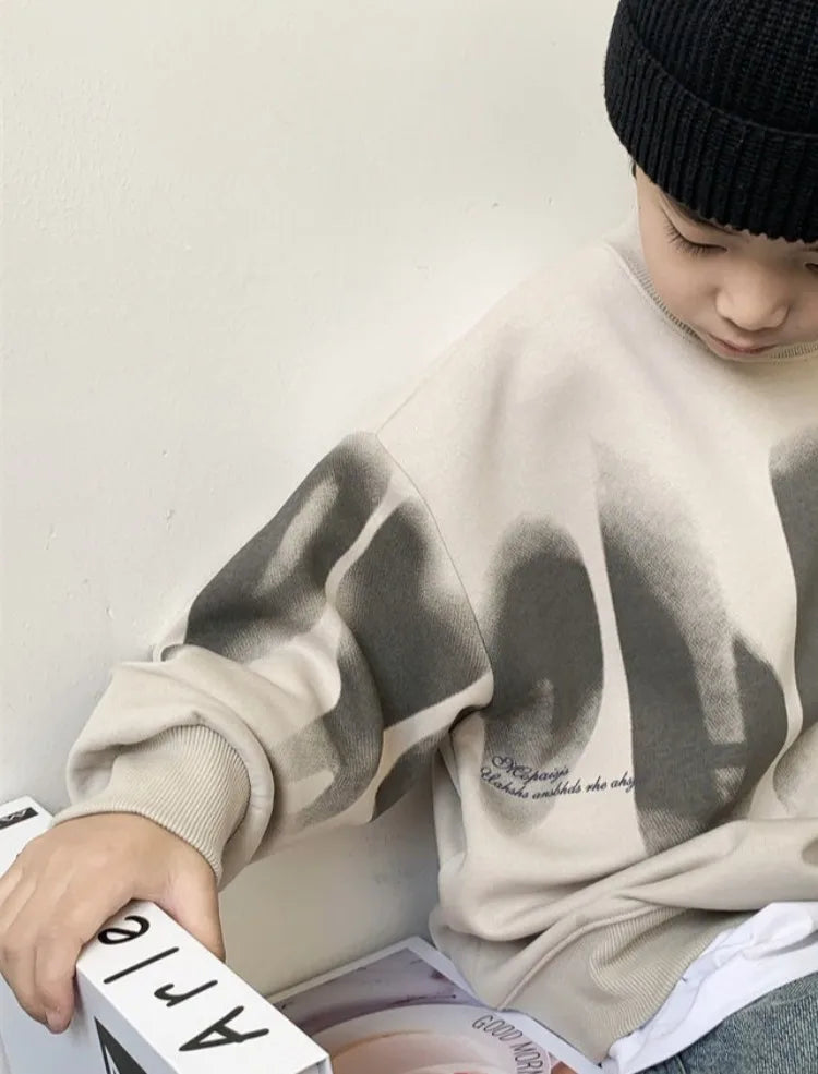 Boys' Medium To Large 2025 New Arrival No Hood Crewneck Spring/Autumn Trendy Street Style Kids Sweatshirt
