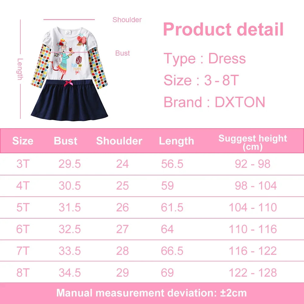 DXTON Girls Cotton Casual Long Sleeve Dresses Autumn Spring Children Polk Dot Cartoon Print Clothes Kids Patchwork Frocks Dress
