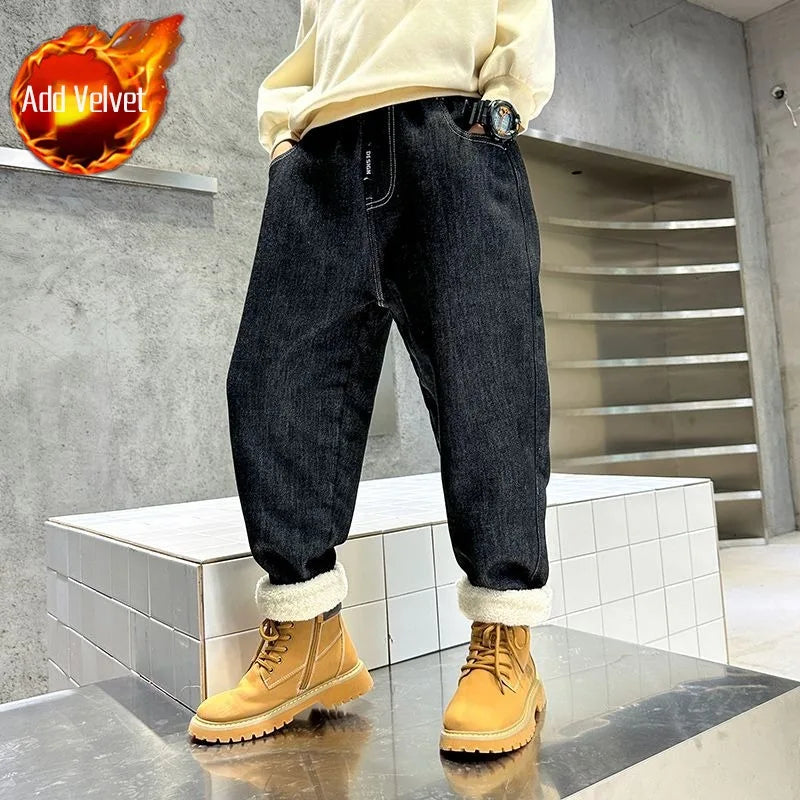 Boys Fleece-Lined Jeans Thermal Winter Pants Thickened Full-Body Cashmere Long Pants for Toddler Boys Outdoor Winter Clothing