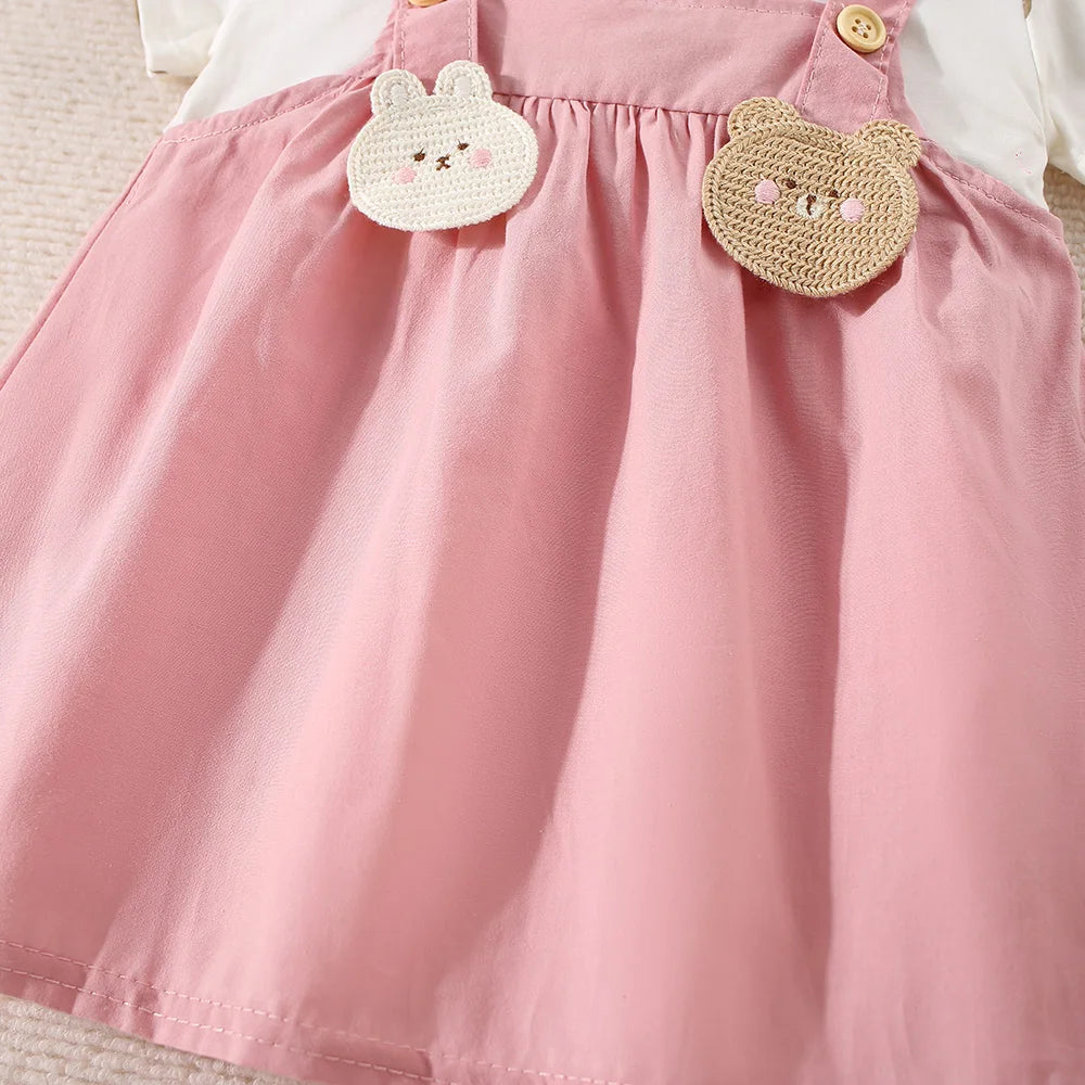 (6-24 Months) Summer New Small Bear Short Sleeved Baby Girl Dress, Fake Two Children'S Clothes