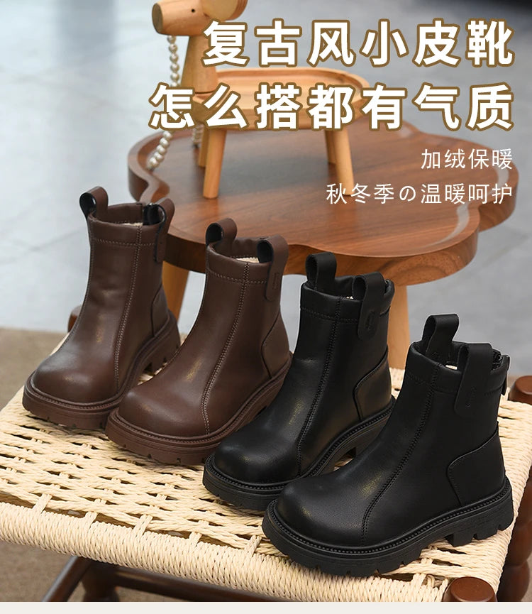 Girls' short boots, genuine leather, children's cotton boots, soft soled leather boots, children's shoes, 2025 autumn and winter
