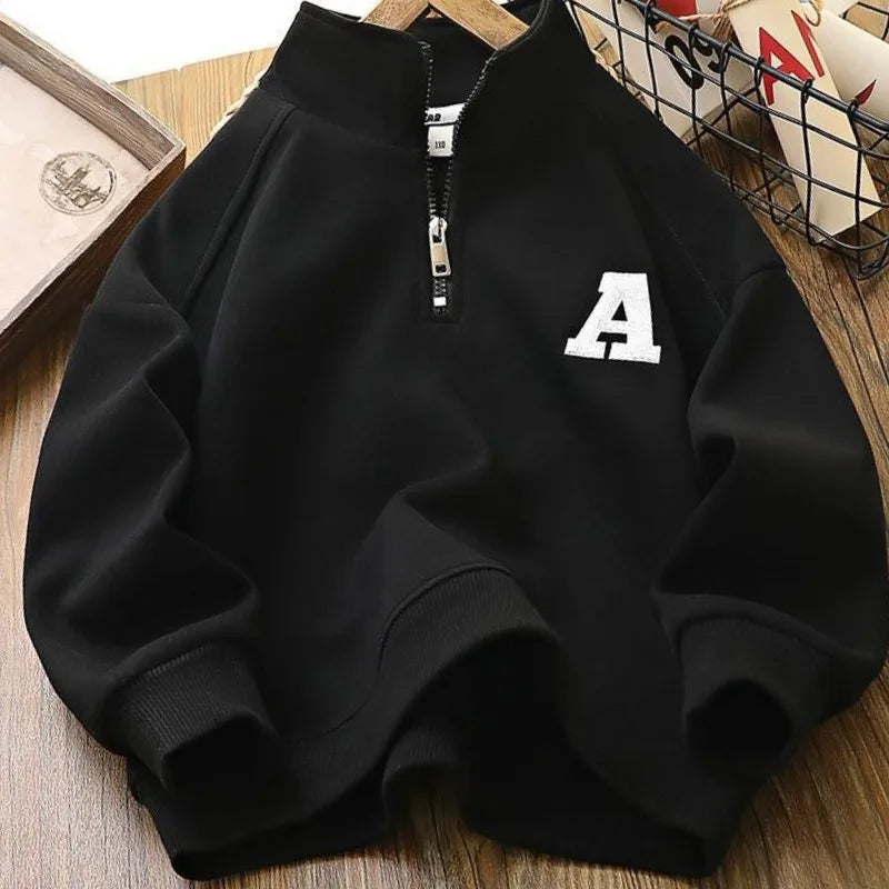 Boys & Girls 2025 New Arrival Mid-Big Size Spring/Autumn Stylish Stand Collar Semi-Zip Base Layer Sweatshirt