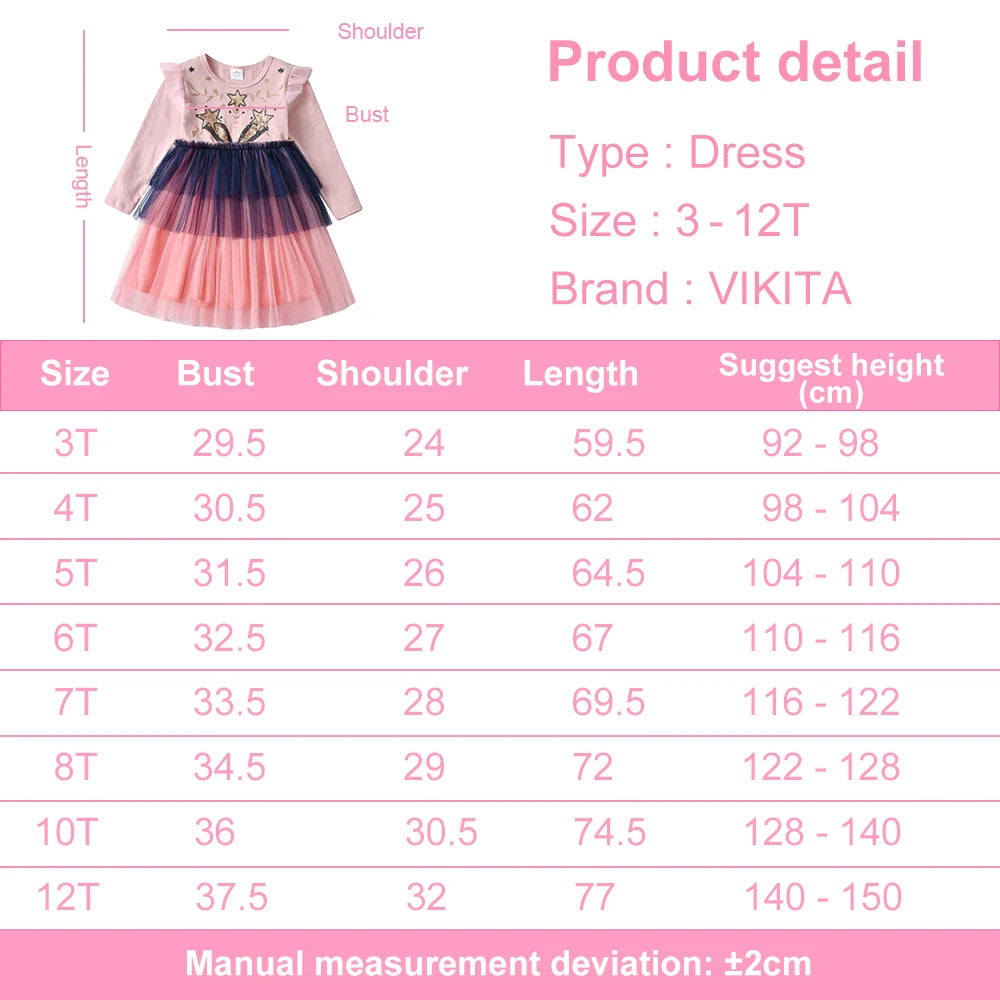 VIKITA Kids Pink Dress Girls Long Sleeve Autumn Spring Dress Kids Star Sequins Appliqued Vestidos Layered Princess Casual Wear