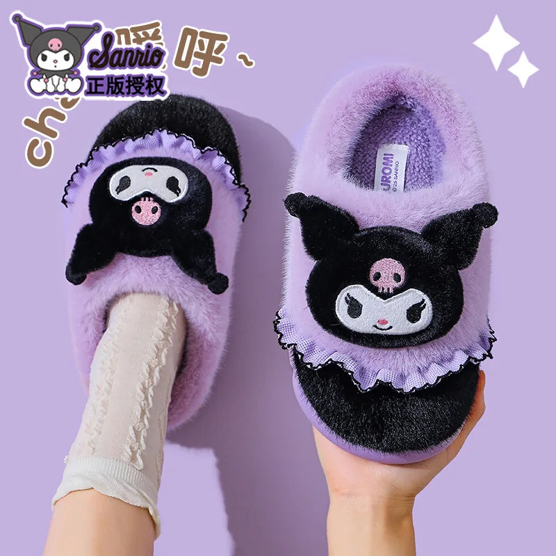 Kids' Slippers House Shoes Cartoon Kuromi With Heel Cover Winter Shoes For Girls Warm Anti-slip Pink Pruple Shoes Size 35-41