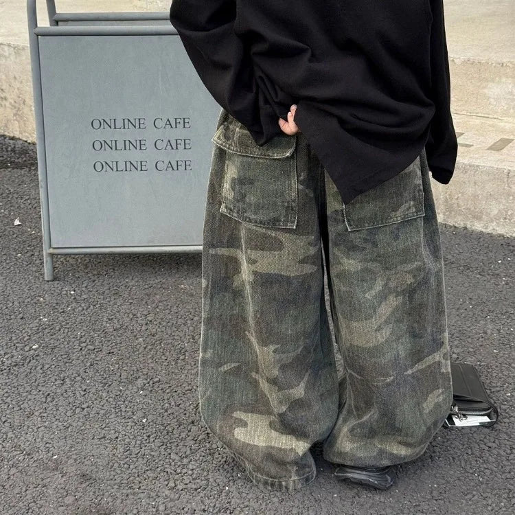 Boys' Vintage Hip-Hop CAMO Wide-Leg Jeans Kids' Spring Autumn 2025 New Release Medium-Large Denim Pants