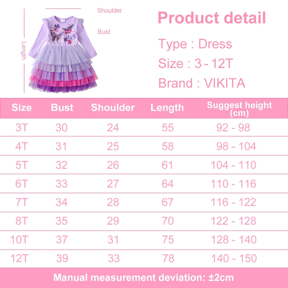 VIKITA Winter Princess Dress Flying Sleeve Children Birthday Party Costumes Cake Layer Tutu Kids Dress Butterfly Sequin  Clothes