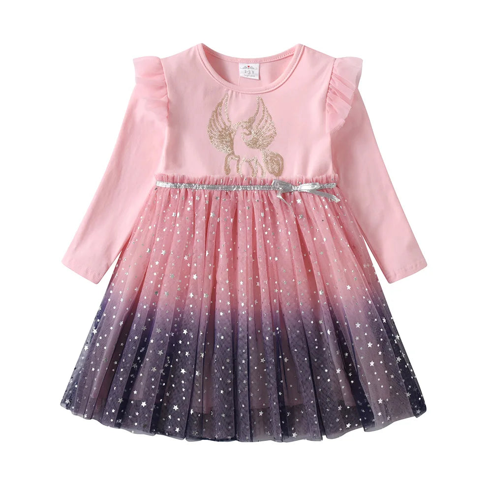 VIKITA Girls Autumn Spring Flare Sleeve Dress Kids Licorne Print Gradient Dresses Kids Birthday Party Princess Pink Mesh Dresses