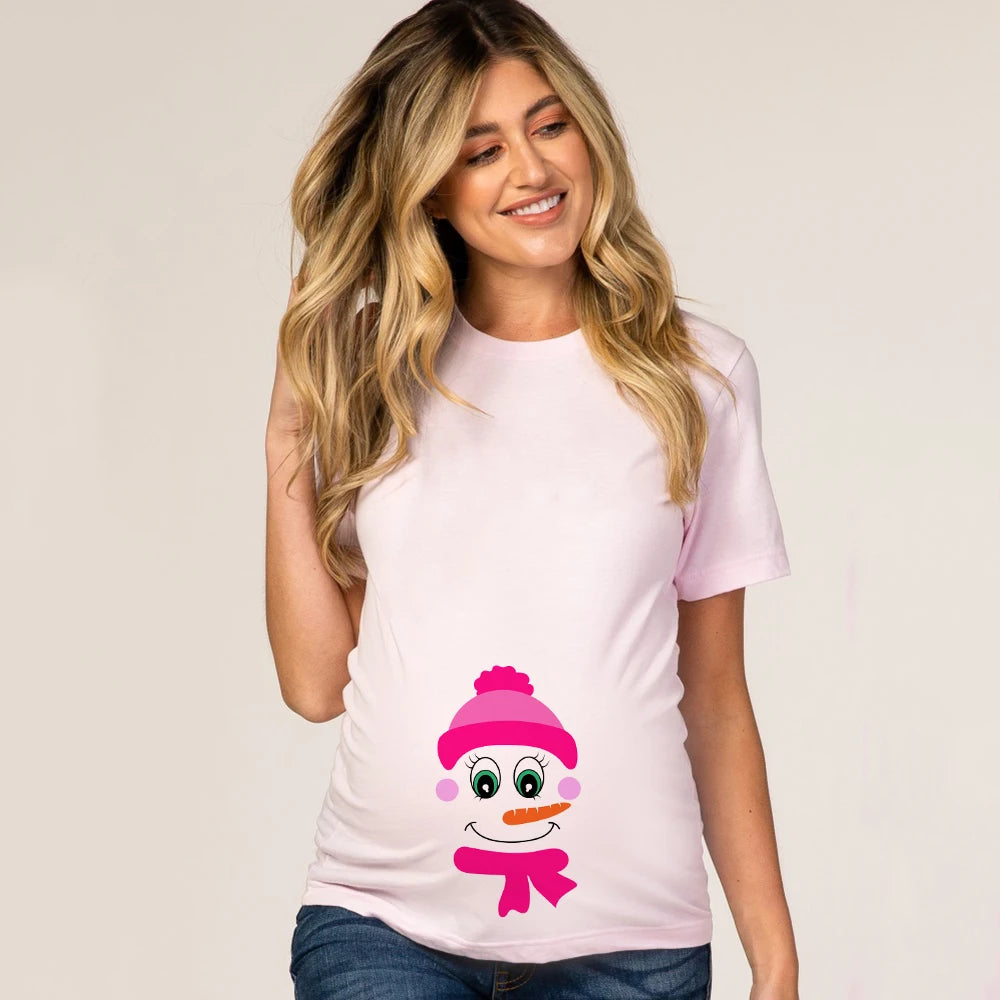 Christmas Pregnant Women T-shirt Snowman Cartoon Printed T Shirt Pregnancy Announcement Clothes Maternity White Short Sleeve Top
