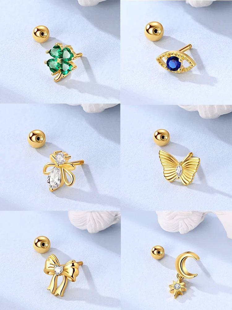 Fashion 925 Sterling Silver Plated Gold Clover Bowknot Butterfly Cartilage Puncture Spiral Bead Stud Earring For Women Ins Style