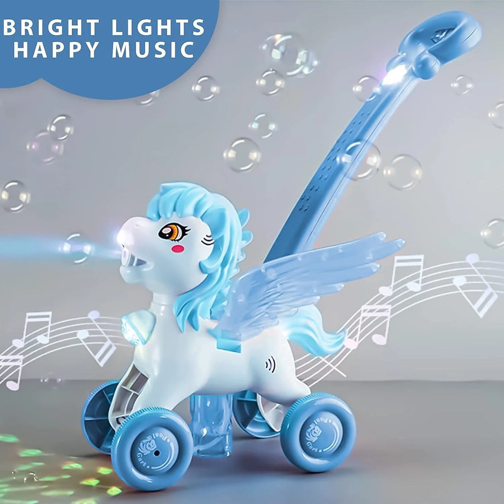 Pony Bubble Machine for Kids Automatic Bubble Lawn Mower with Light & Music Bubble Cart Outdoor Push Toys for Birthday Gift