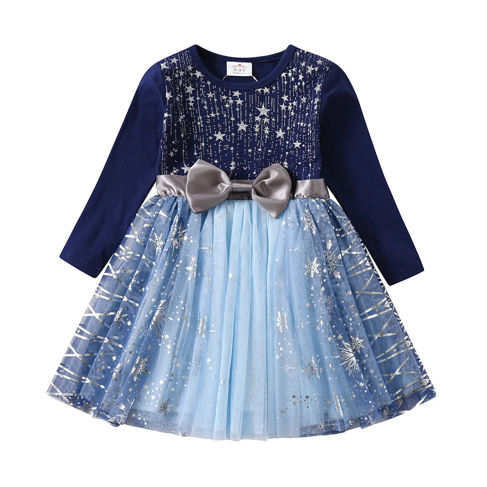 VIKITA Christmas Dress for Girls Sequins Princess Dresses Kids Lace Mesh Ball Gown Elegant Vestidos Girls New Year Blue Dress