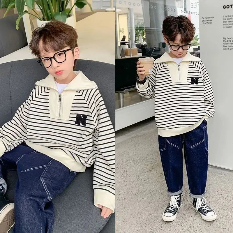 Boys' Medium-Large 2025 Spring/Autumn Korean Style Large Collar Black & White Striped No Hood Sweatshirt