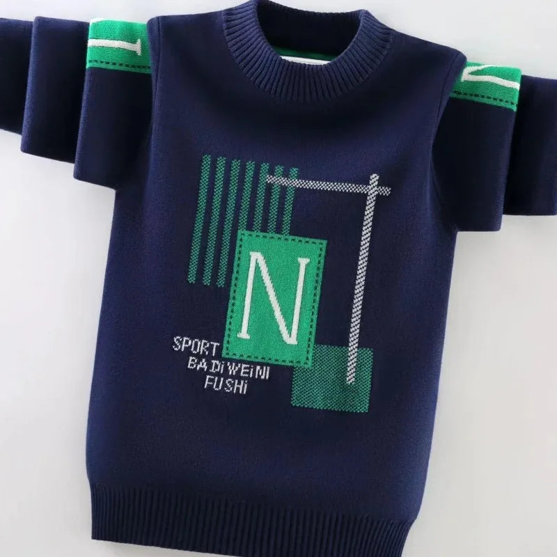 Autumn Winter Boys' Fleece-Lined Thickened Knitwear Pullover Sweater Base Layer for Boys Medium-Large Size Fashionable Knitwear