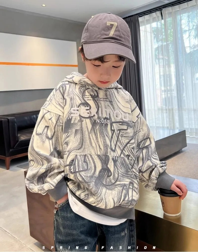 2025 New Boys' Mid-Large Spring-Autumn Trendy Brand Hooded Hoodie - Stylish Kids' Spring Wear Top