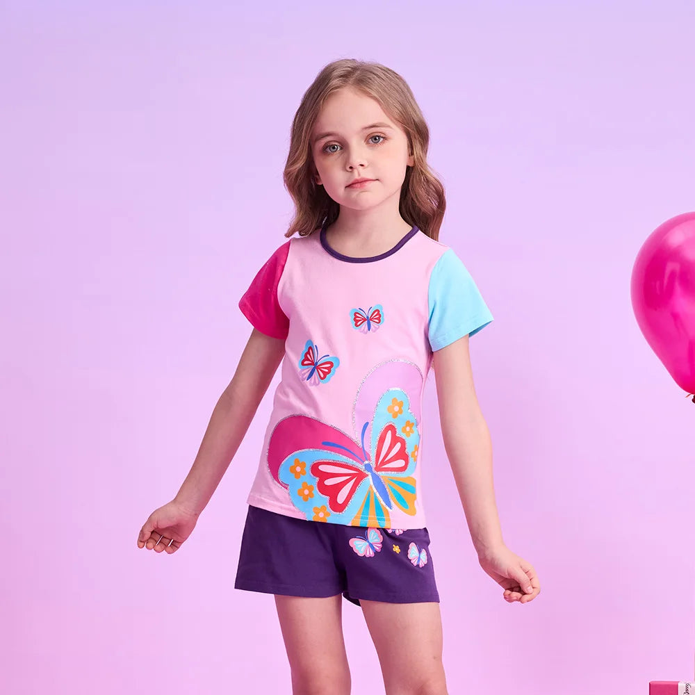 VIKITA Girls Tops and Tees for Summer Kids Butterfly Print Cartoon T Shirts Girls O Neck Short Sleeve Cotton Casual Daily Tees