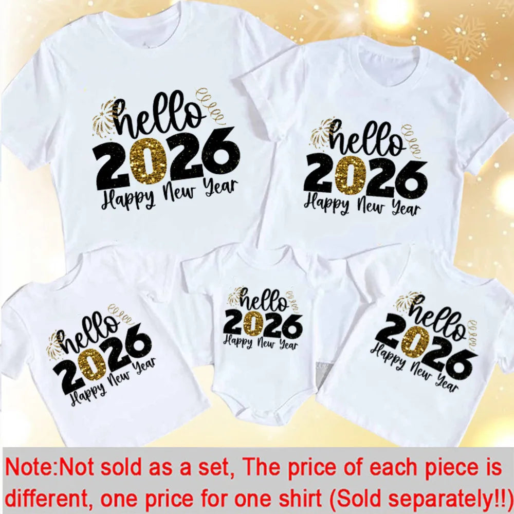 Hello 2026 Family Matching Outfits Happy New Year Dad Mom and Daughter Son Tshirt Baby Romper Family Look New Year's Clothes