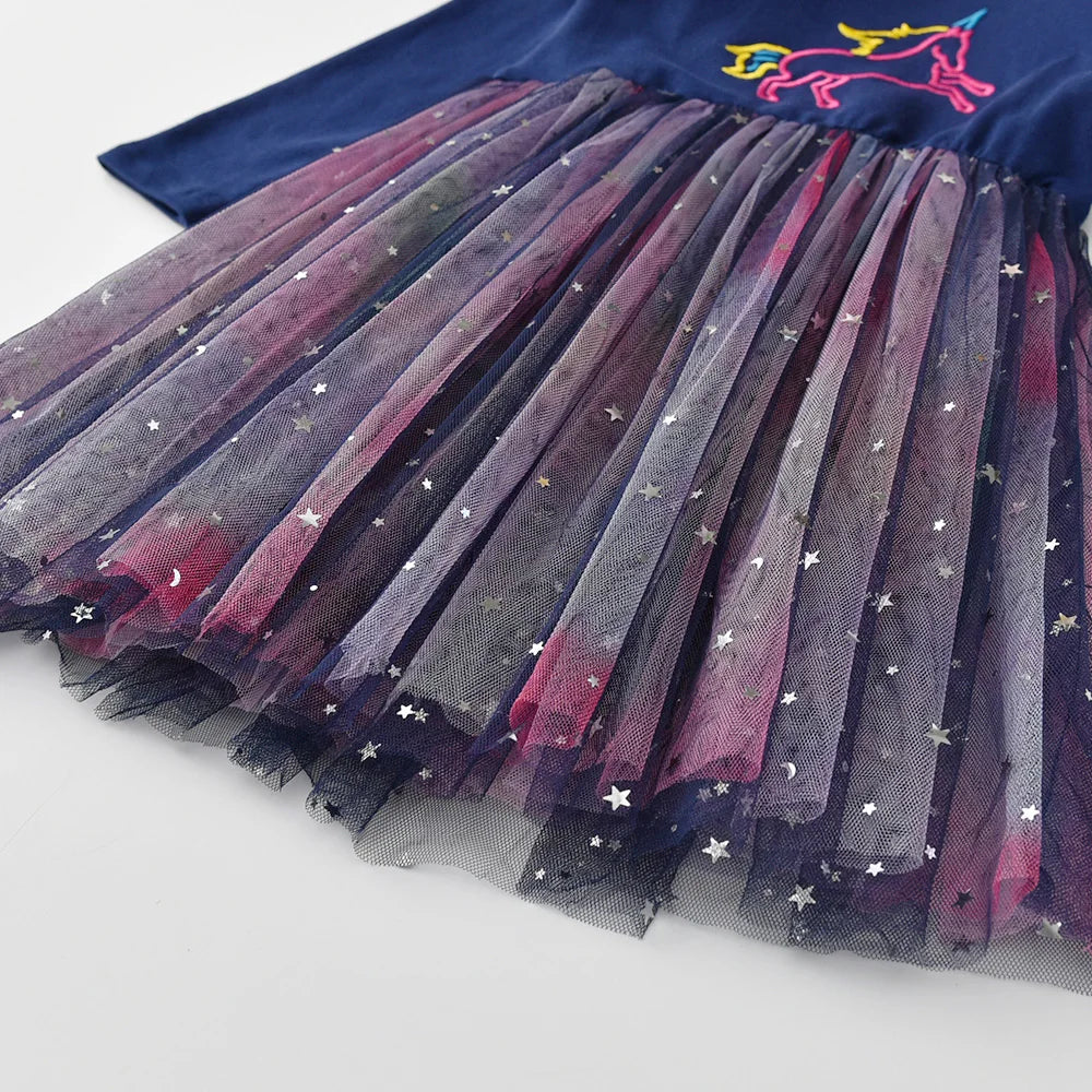 VIKITA Girls Navy Blue Long Sleeve Licorne Embroidery Autumn Spring Fashion Dress Kids Galaxy Starry Tulle Mesh Princess Dress