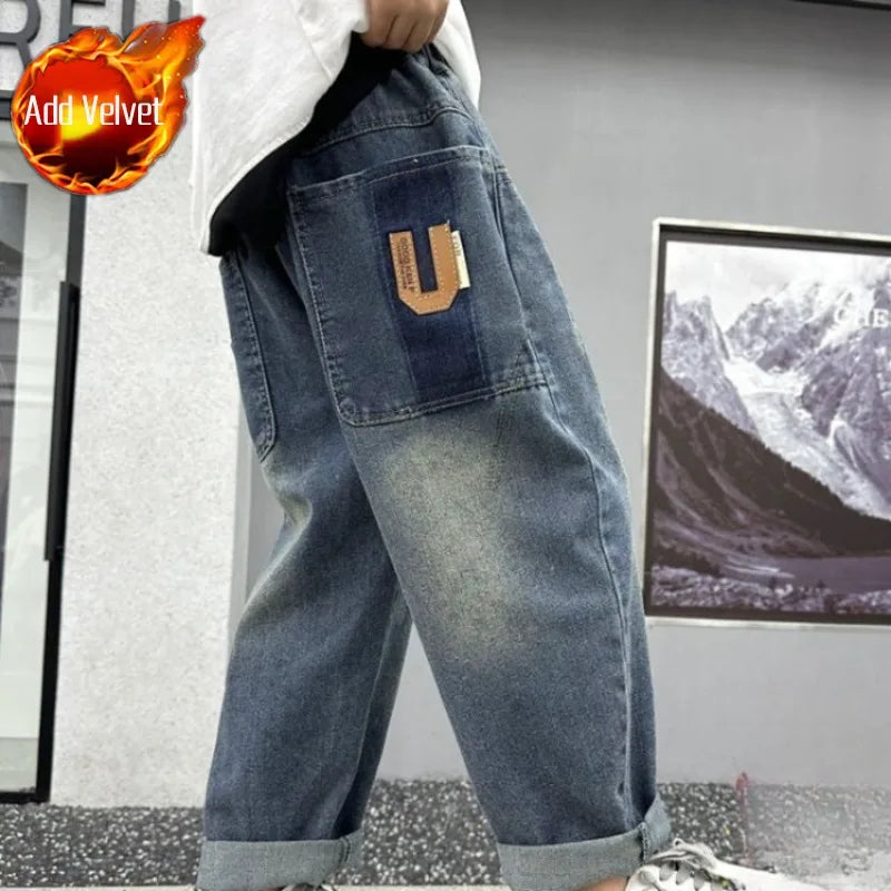 Kids Boys Thickened Winter Jeans Loose Fleece-Lined Long Pants Casual Stylish Warmth