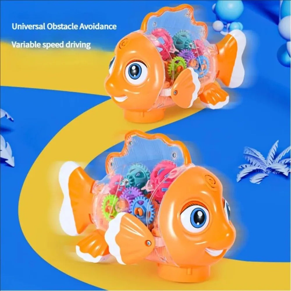 Transparent Electric Gear Gold Fish Toddler Toys with Music & Lights Bump & Go Educational STEM Toys for Babies Tummy Time Gifts