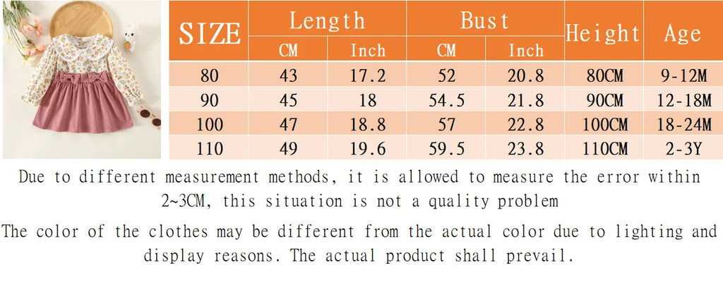 Spring And Autumn New Floral Long Sleeve Baby Girl Dress, Sweet Bow Fake Two Children'S Clothes (9 Months -3 Years Old)