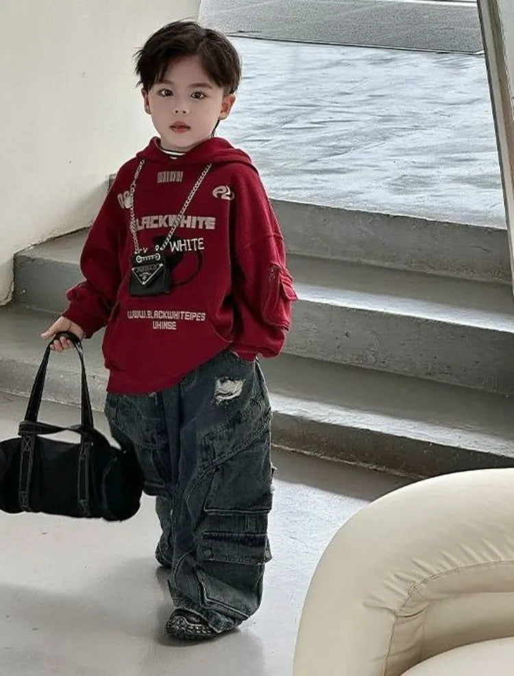 2025 New Boys' Korean-Style Printed Hooded Pullover Hoodie - Baby Autumn Winter Warm Long Sleeve Top