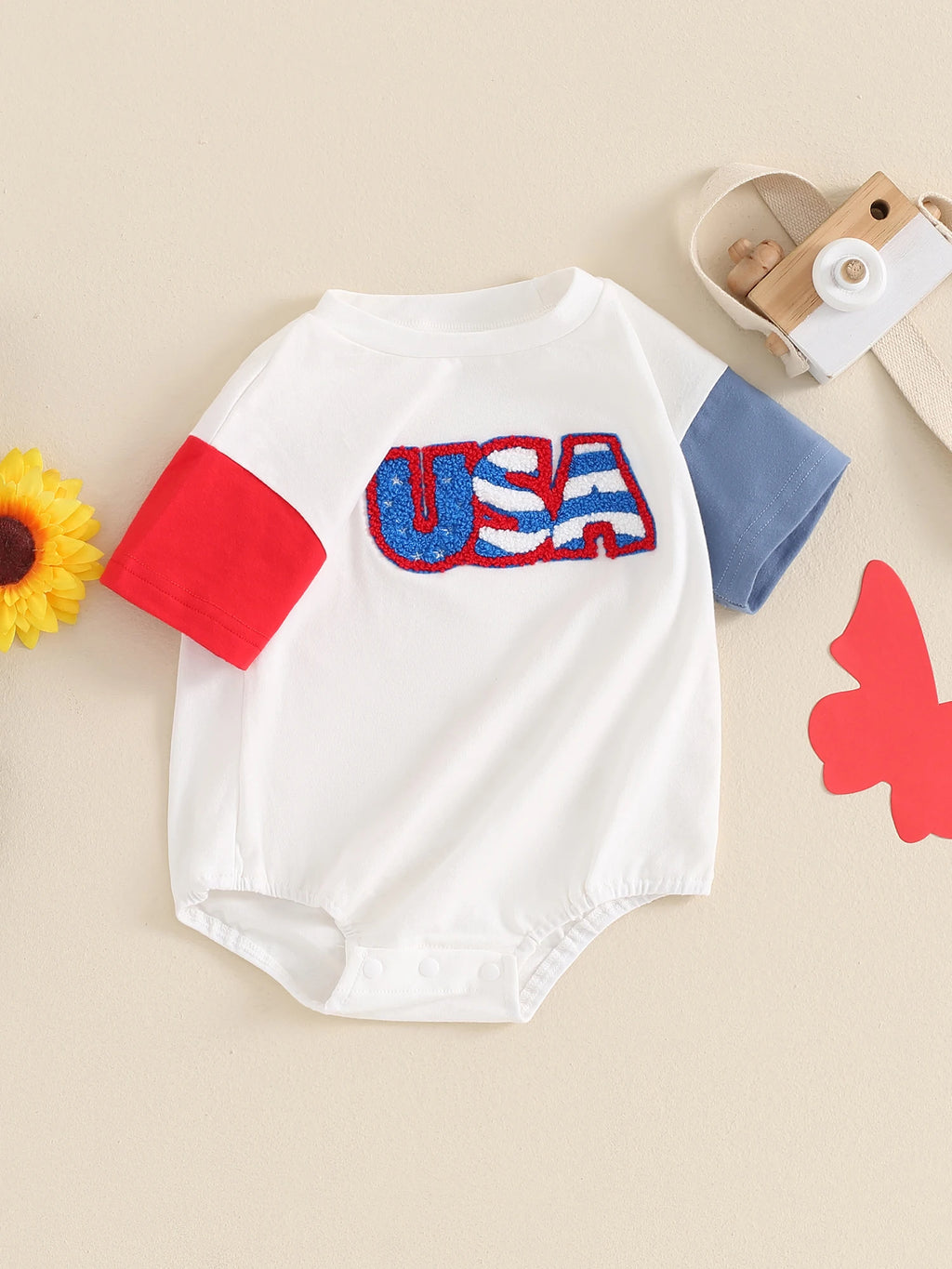 Infant Unisex Romper Sleeveless Round Neck Printed Stars and Stripes Jumpsuit for Memorial Day Celebration