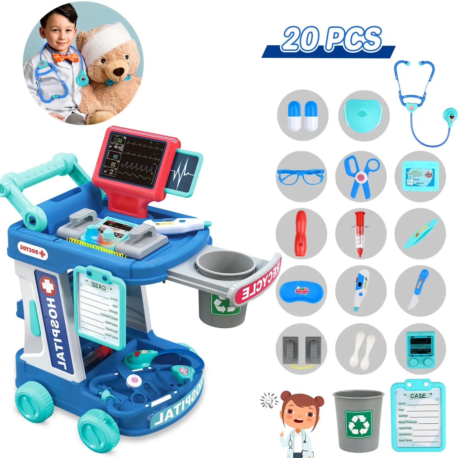 Doctor Toys for Girsl Boys Dentist Vet Toddlers Toys Pretend Play Dress Up Kids Doctor Costume with Cart Set Medical Kit