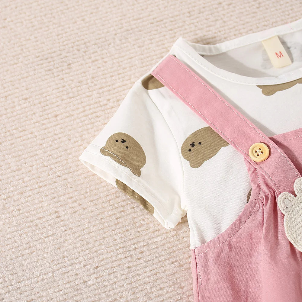 (6-24 Months) Summer New Small Bear Short Sleeved Baby Girl Dress, Fake Two Children'S Clothes